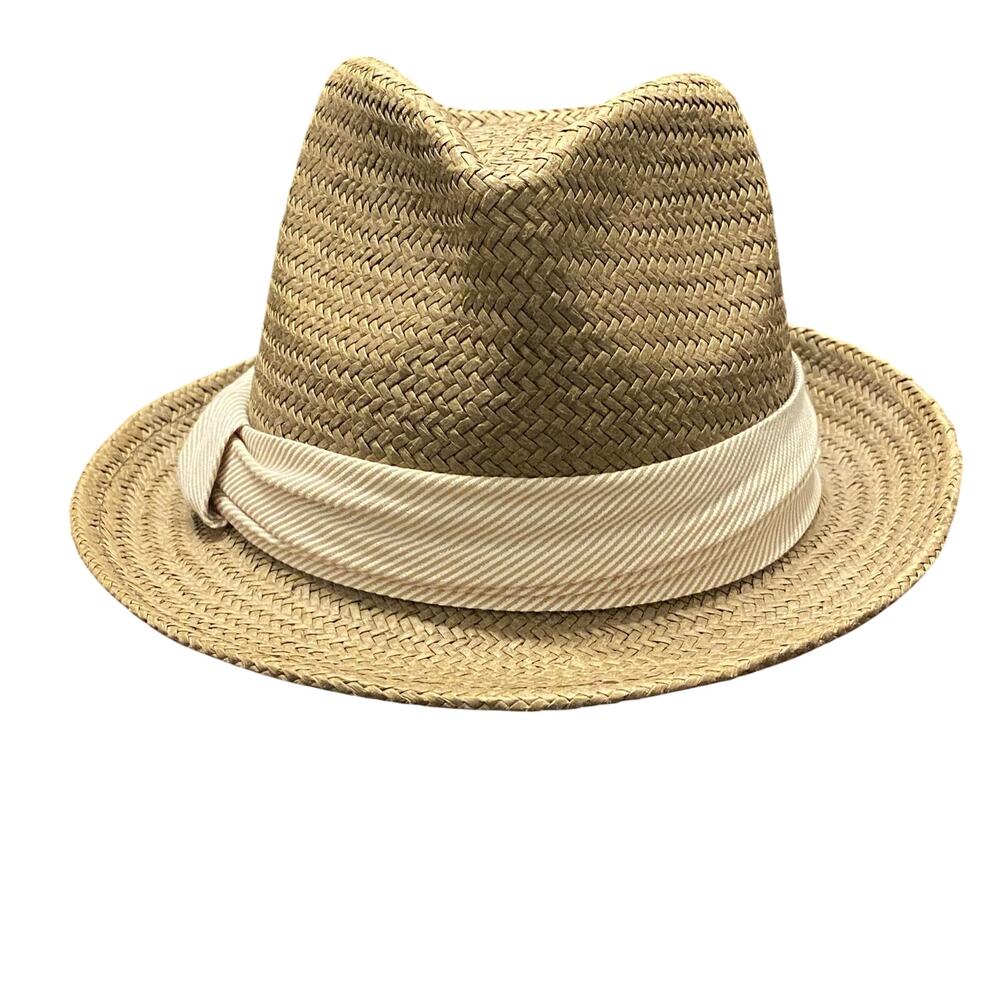Banana Republic Tan Paper Straw Fedora Hat S/M Striped Ribbon Band Resort Beach